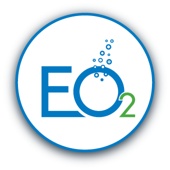 e02 logo in a white and blue circle with a drop shadow